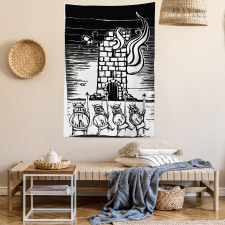 Woodcut Style Viking Tower Tapestry