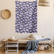 Fluffy Clouds Moon and Stars Tapestry