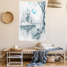 Boat on River Drawing Tapestry