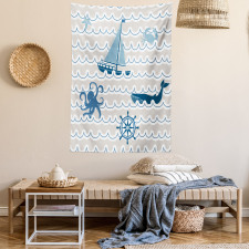 Cartoon Ship Whale Waves Tapestry