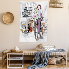 Lady Rides Bicycle Roses Tapestry