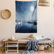 Calm Marina at Night Moon Tapestry