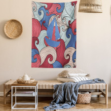 Blue Boat Silhouette Tapestry