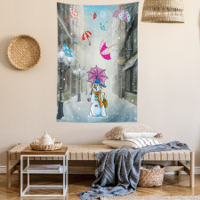 Cartoon Snowman and Umbrella Tapestry