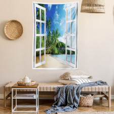 Lush Green Window View Tapestry