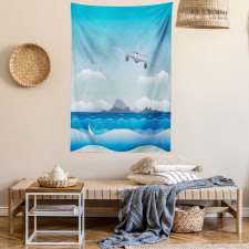 Plane Fly on Sea and Shark Tapestry