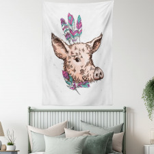 Pig Portrait Feathers Tapestry