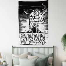 Woodcut Style Viking Tower Tapestry