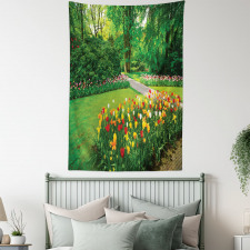 Garden with Tulips Trees Tapestry