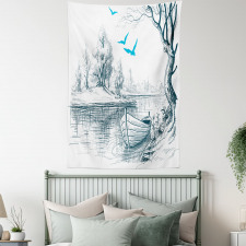 Boat on River Drawing Tapestry