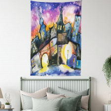 Town Night Watercolor Tapestry