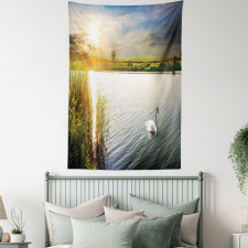 Swan in River at Dawn Photo Tapestry