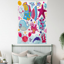 Cartoon Marine Ocean Life Tapestry