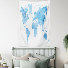 Blue Watercolor World Map Tapestry