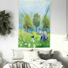 Tents in Spring Forest Tapestry