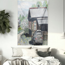 Parked Car Village House Tapestry