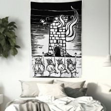 Woodcut Style Viking Tower Tapestry