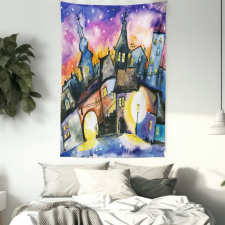 Town Night Watercolor Tapestry