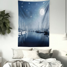 Calm Marina at Night Moon Tapestry