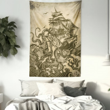 Retro Ship Octopus Theme Tapestry