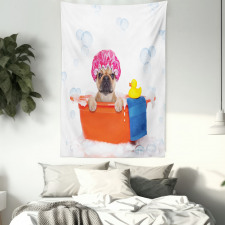 Dog Having a Bath Tub Tapestry