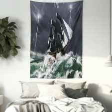 Storm Ship on Wavy Ocean Tapestry