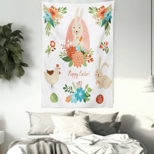 Pastel Bunny Flowers Cartoon Tapestry