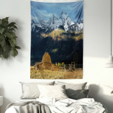 Rustic Wooden Hut Mountains Tapestry