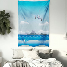 Plane Fly on Sea and Shark Tapestry