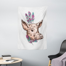 Pig Portrait Feathers Tapestry