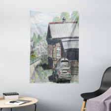 Parked Car Village House Tapestry