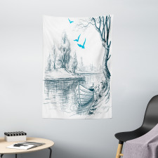 Boat on River Drawing Tapestry