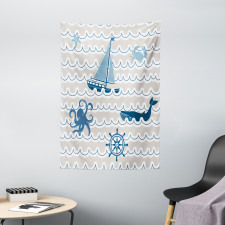 Cartoon Ship Whale Waves Tapestry