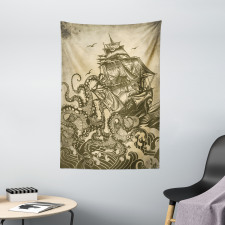 Retro Ship Octopus Theme Tapestry