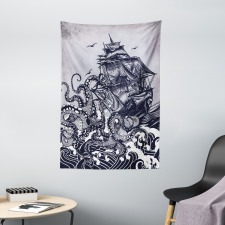 Octopus and Ship in Storm Tapestry