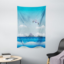 Plane Fly on Sea and Shark Tapestry