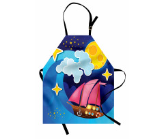 Çocuksu Mutfak Önlüğü Gece Dalgalı Denizdeki Gemi Karikatürü