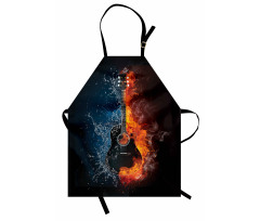 Müzik Mutfak Önlüğü Su ve Ateş Temalı Fonda Elektro Gitar Çizimi