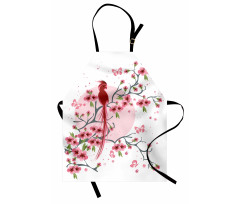 Çiçekli Mutfak Önlüğü Kuş Sakura Kiraz Çiçekleri Desenli