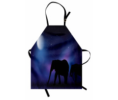 Doğa Mutfak Önlüğü Gece Ormanda Yürüyen Filler ve Yıldızlar Mavi