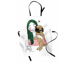 Köpek Mutfak Önlüğü Yeşil Saçlı Genç Kız ve Sevimli Minik Pug