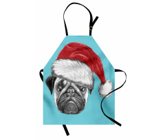 Hayvan Mutfak Önlüğü Noel Baba Şapkalı Tatlı Pug Köpek Mavi Fonlu