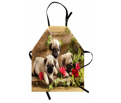 Hayvan Mutfak Önlüğü Çiçekler ve Sevimli Pug Köpek Yavruları