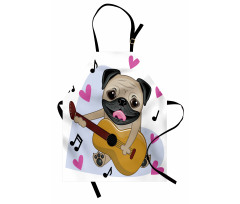 Müzik Mutfak Önlüğü Gitar Çalan Pug Köpek Kalp Nota Beyaz Fon