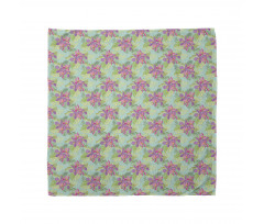 Floral Bandana Yeşil Fon Üzerine Yapraklı Pembe Mor Çiçek