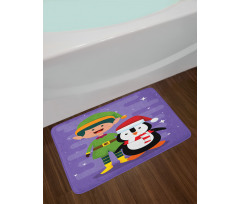 Elf and Penguin Merry Christmas Bath Mat