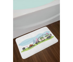 Cartoon Style Camping Scene Bath Mat