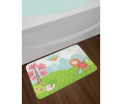 Cartoon Girl Animal in Wood Bath Mat