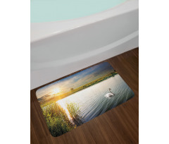 Swan in River at Dawn Photo Bath Mat