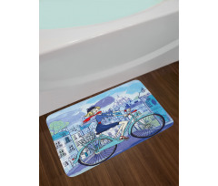 Woman on Bicycle with Cat Bath Mat